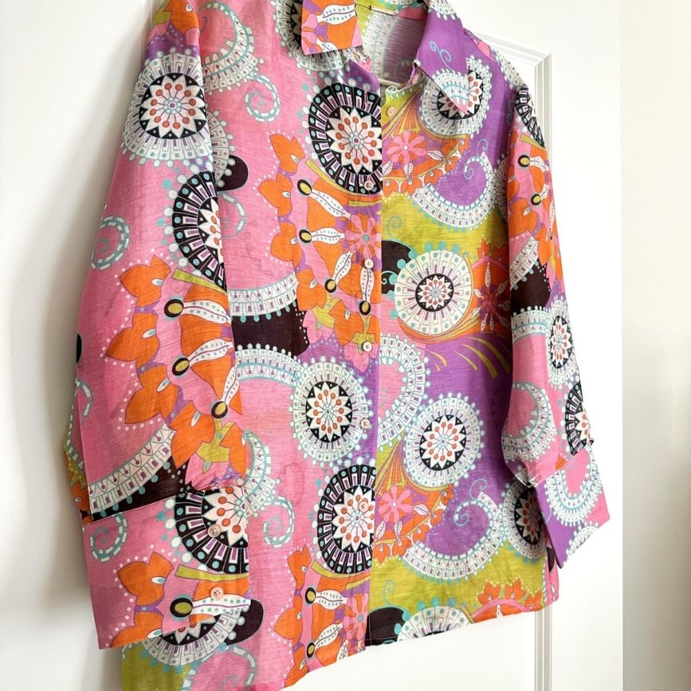 ALEXIS Pink Multi Paisley Floral Linen Silk Long Sleeve Button Up Shirt Size S - Picture 3 of 7